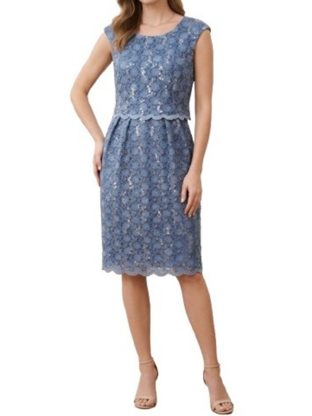 R&M Richards Blue Dressy Lace Dress Sequins Pockets Wedding Party